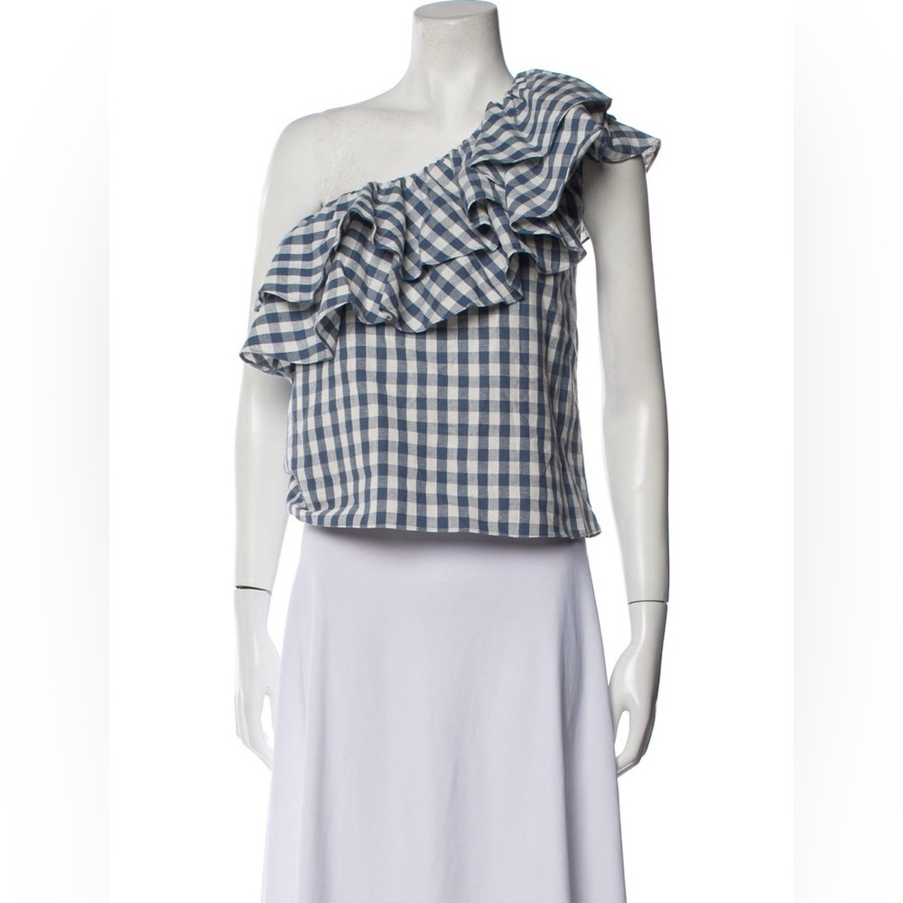 MISA Los Angeles One Shoulder Cotton Linen Top Blue Gingham L Large